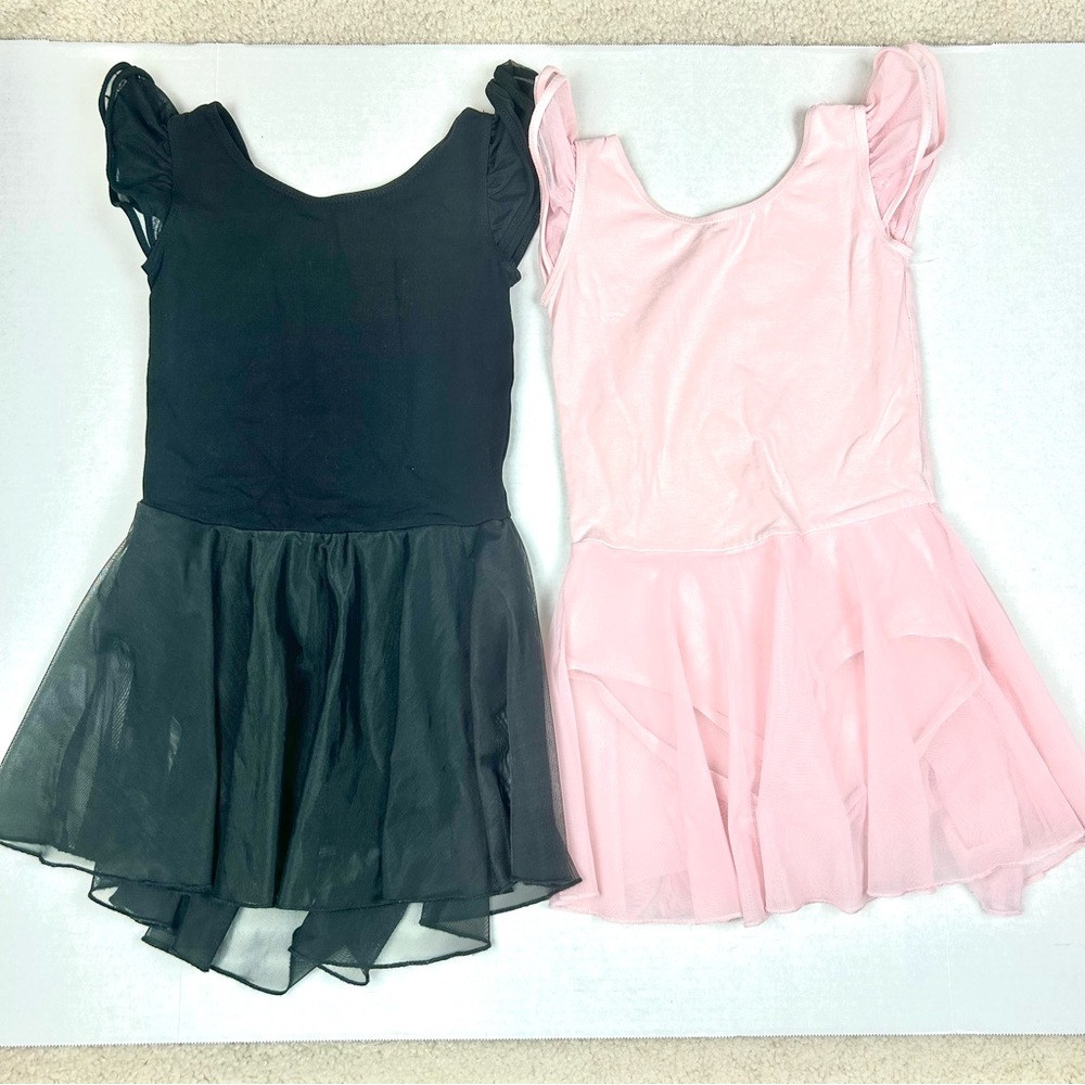 MdnMD Black and Pink Girls Flutter Sleeve Leotard Bundle